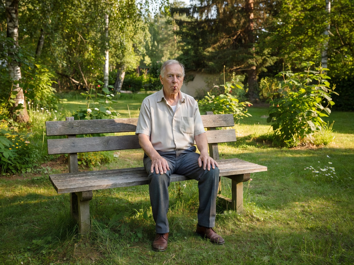 Iäkäs mies istuu puutarhapenkillä selkä suorana ja viheltää rauhallisesti kesäisessä luonnonvalossa